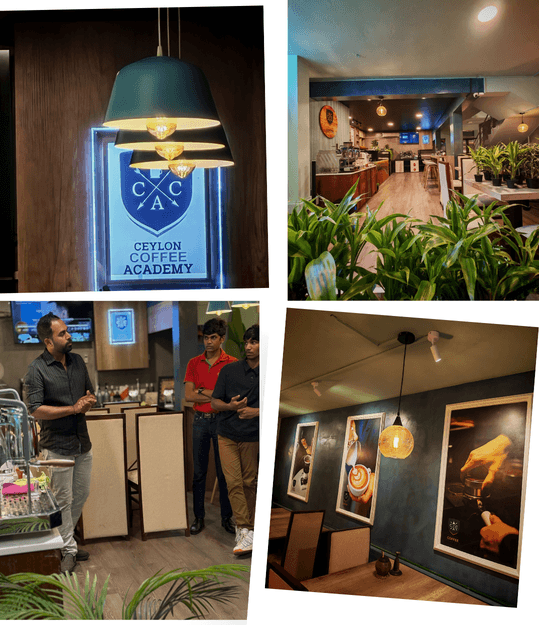 Students learning barista skills at Ceylon Coffee Academy using professional espresso machines in a real cafe environment